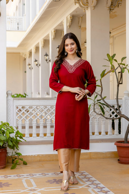 Maroon Printed Embroidered Pure Cotton Straight Kurta.