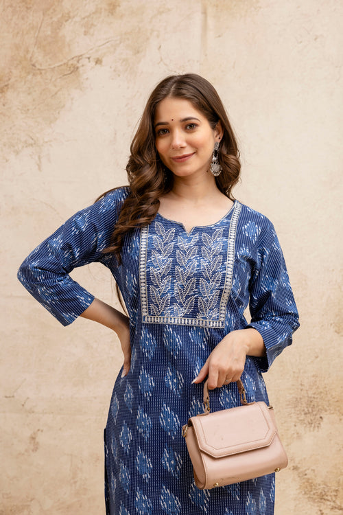 Navy Blue Printed Embroidered Pure Cotton Straight Kurta
