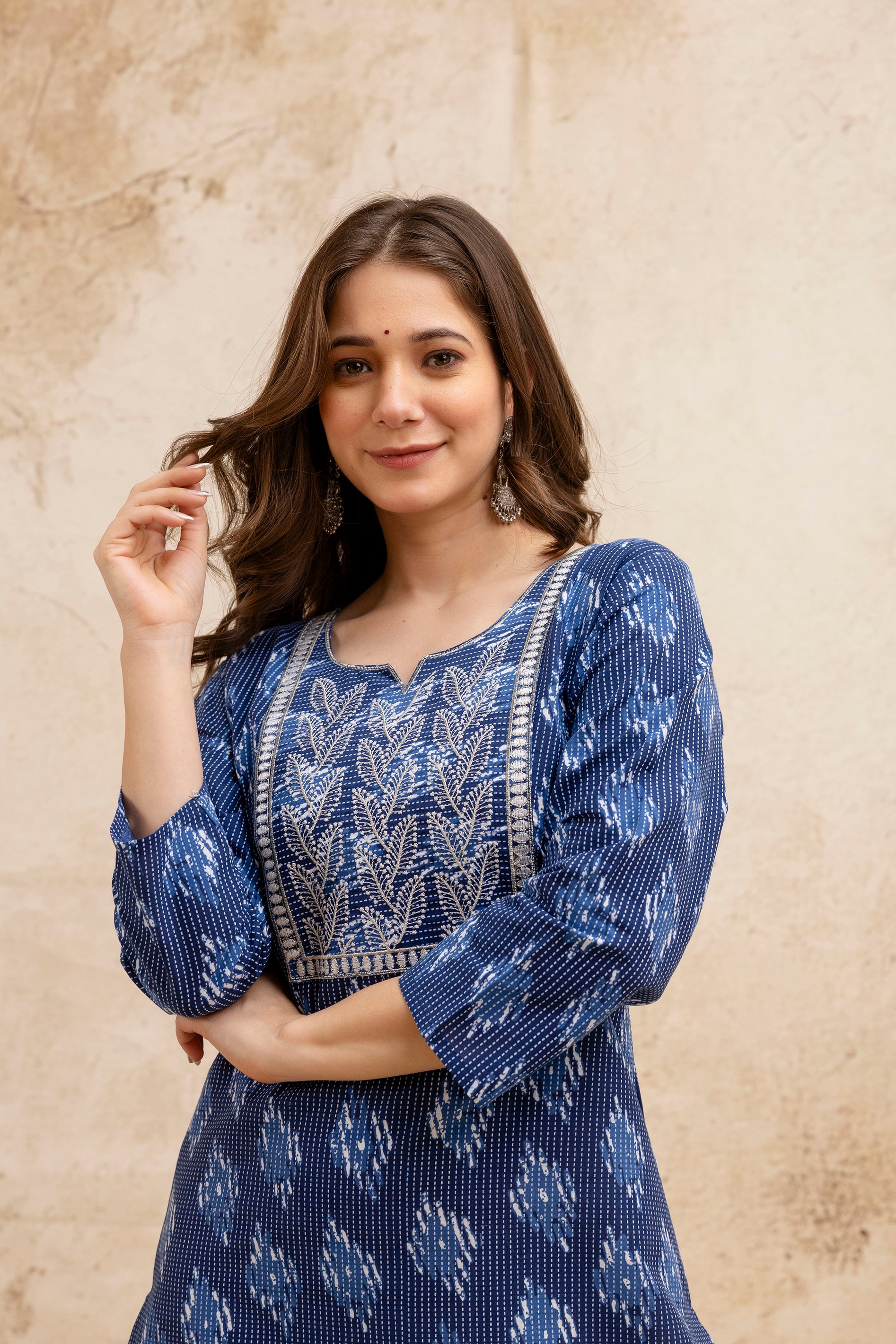Navy Blue Printed Embroidered Pure Cotton Straight Kurta