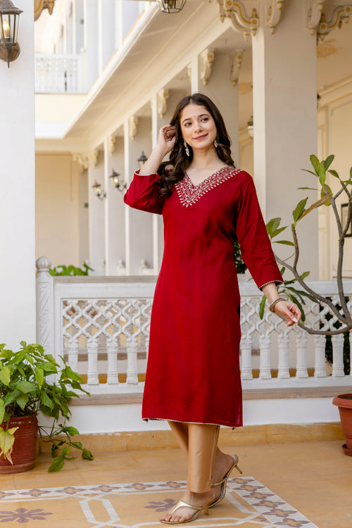 Maroon Printed Embroidered Pure Cotton Straight Kurta.