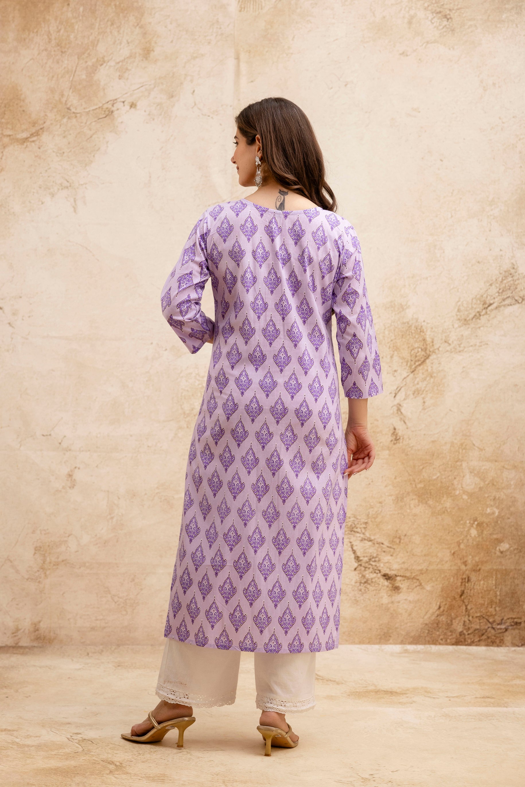 Purple Printed Embroidered Pure Cotton Straight Kurta