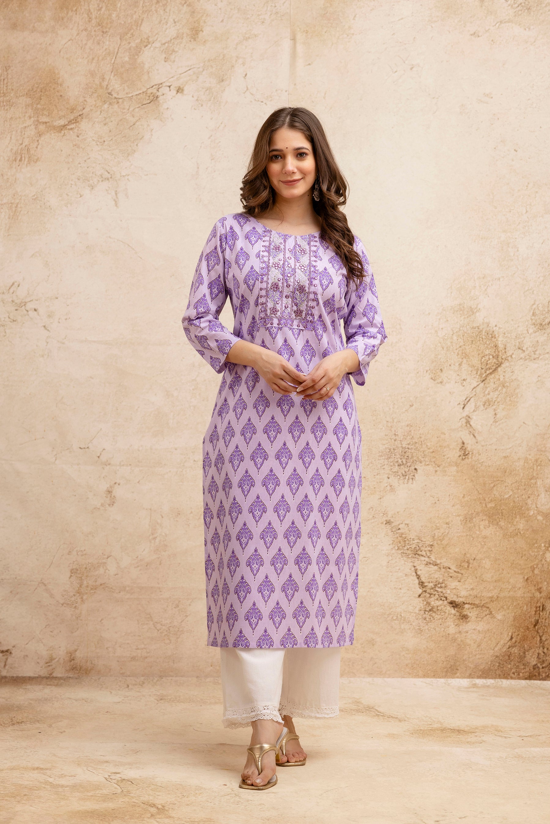 Purple Printed Embroidered Pure Cotton Straight Kurta