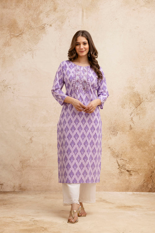Purple Printed Embroidered Pure Cotton Straight Kurta