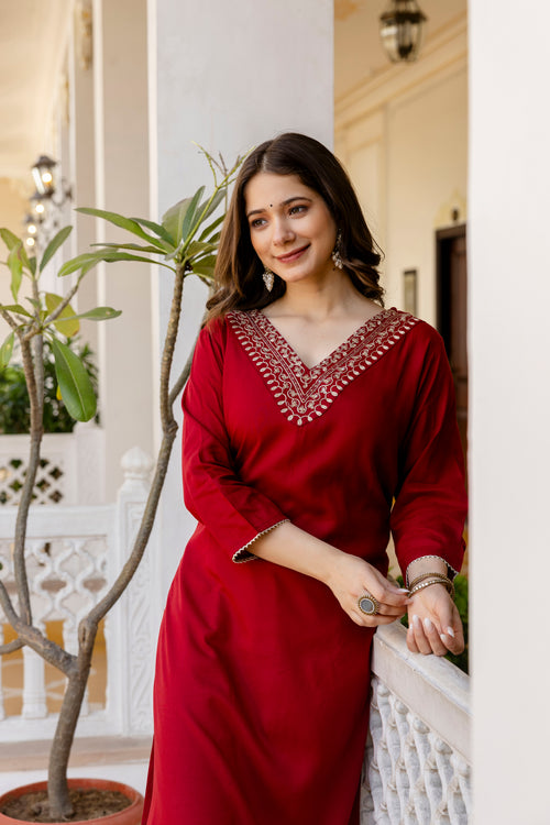 Maroon Printed Embroidered Pure Cotton Straight Kurta.