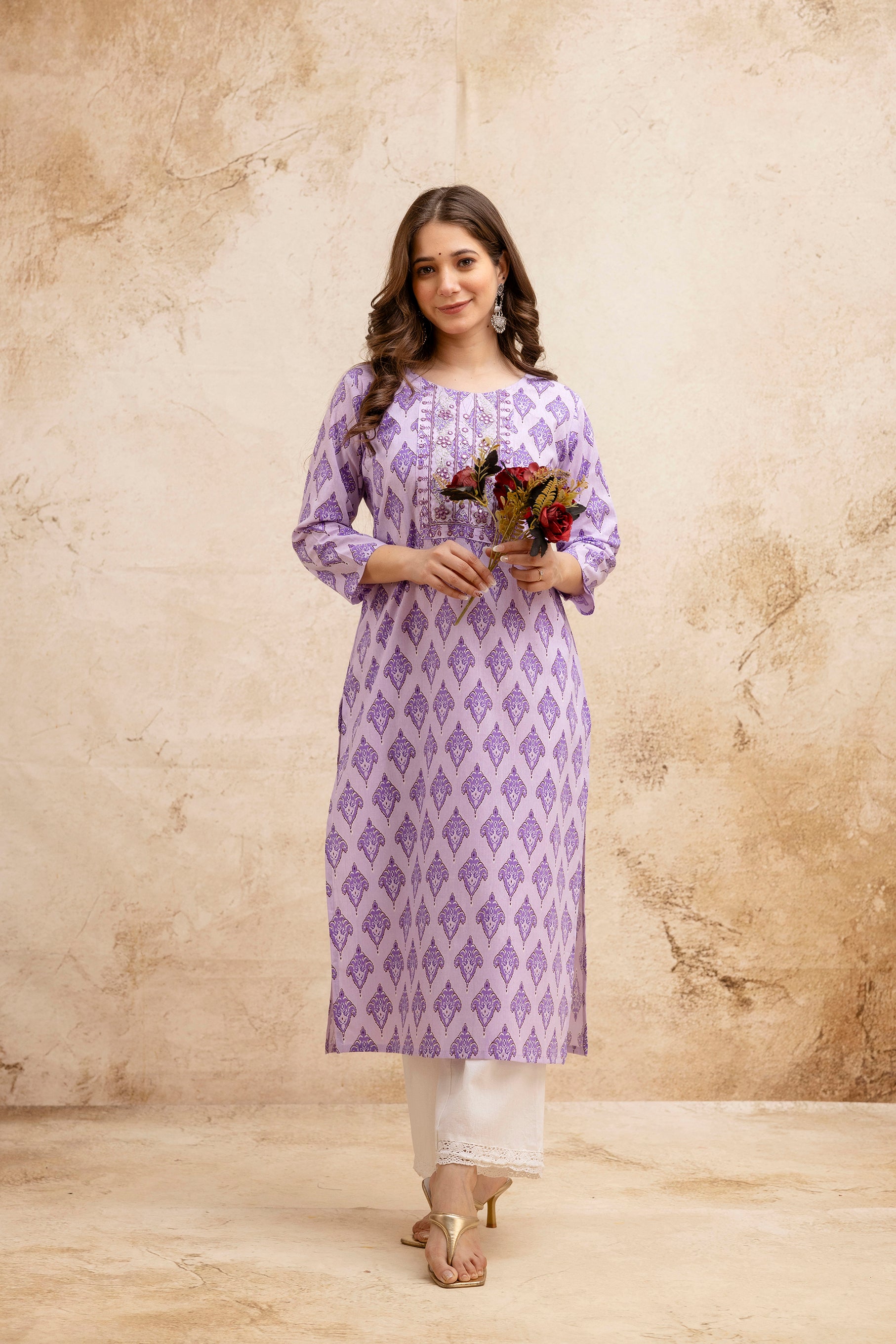 Purple Printed Embroidered Pure Cotton Straight Kurta