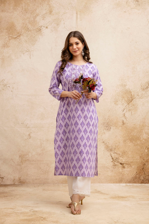 Purple Printed Embroidered Pure Cotton Straight Kurta