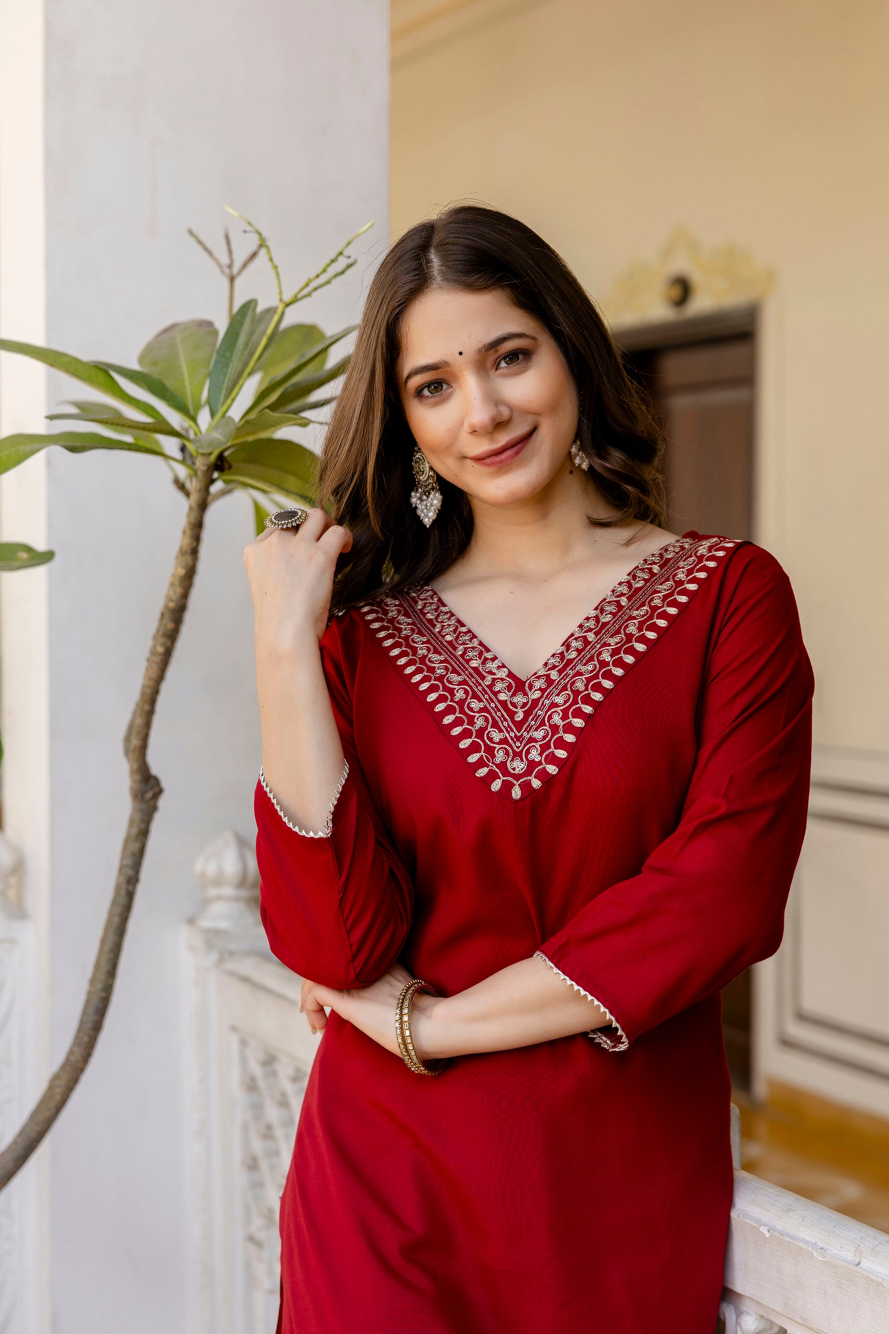Maroon Printed Embroidered Pure Cotton Straight Kurta.