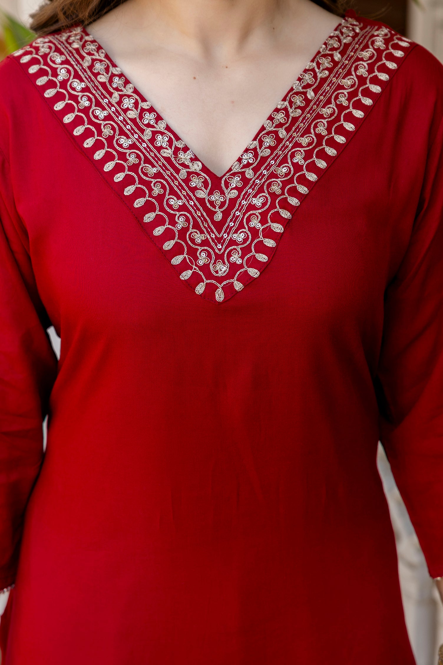 Maroon Printed Embroidered Pure Cotton Straight Kurta.
