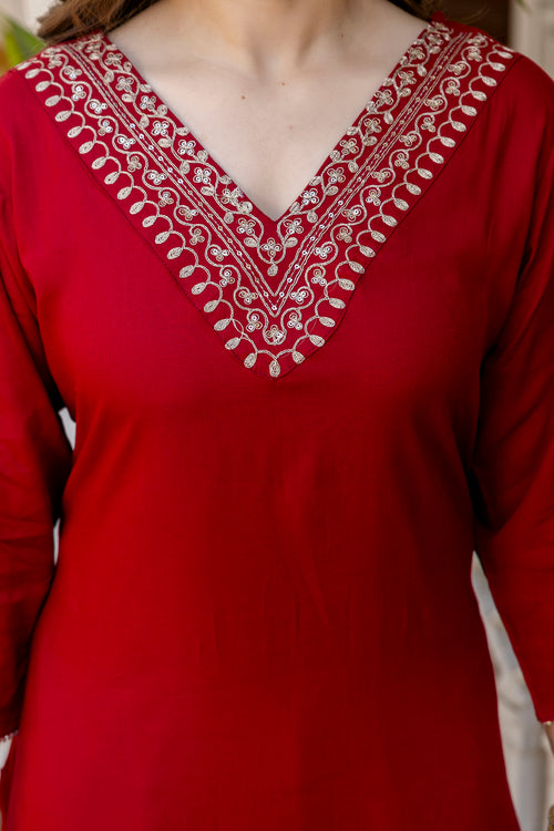Maroon Printed Embroidered Pure Cotton Straight Kurta.