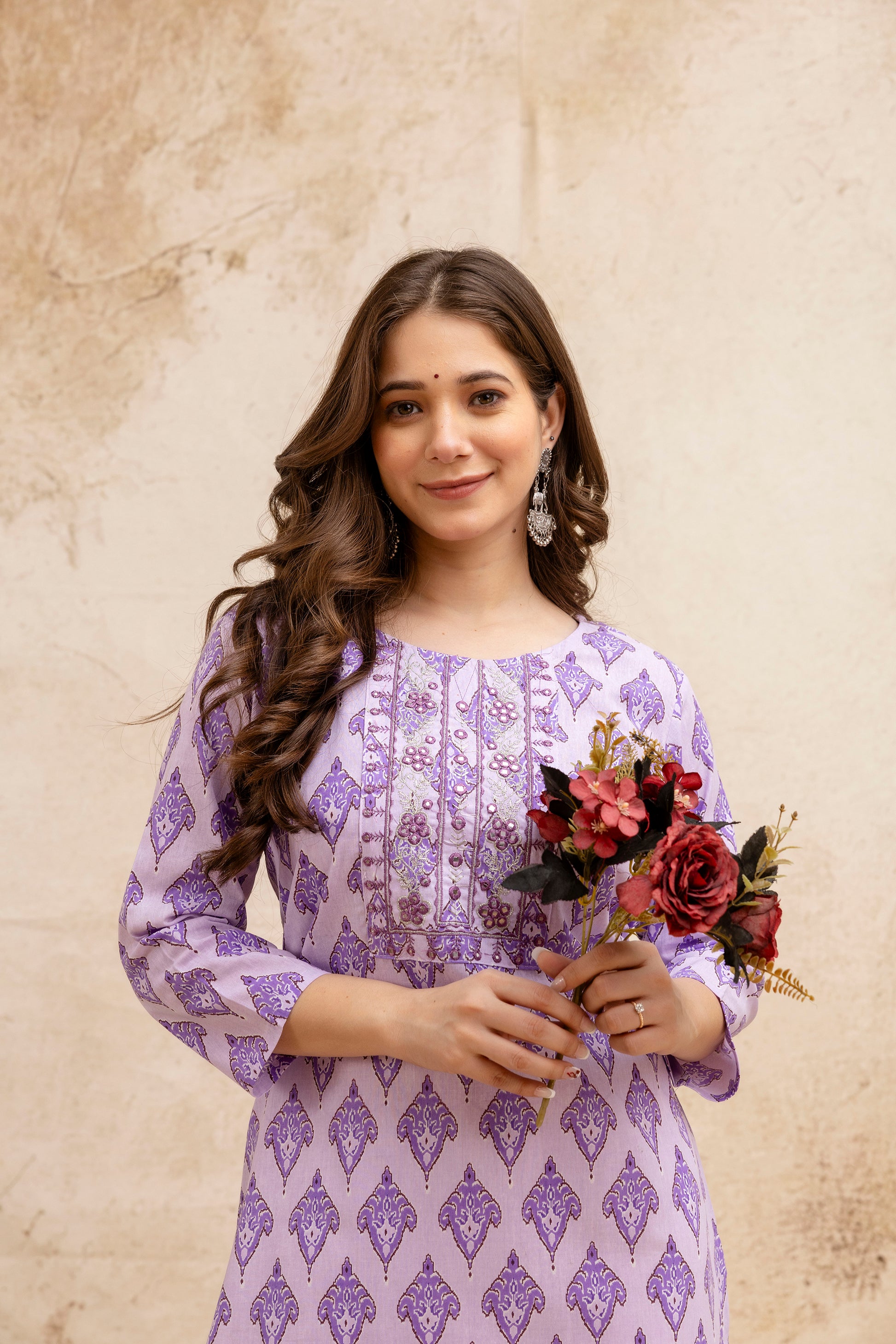 Purple Printed Embroidered Pure Cotton Straight Kurta