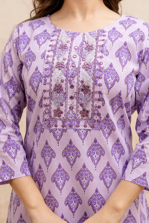 Purple Printed Embroidered Pure Cotton Straight Kurta