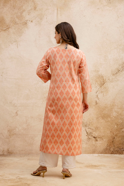 Peach Printed Embroidered Pure Cotton Straight Kurta