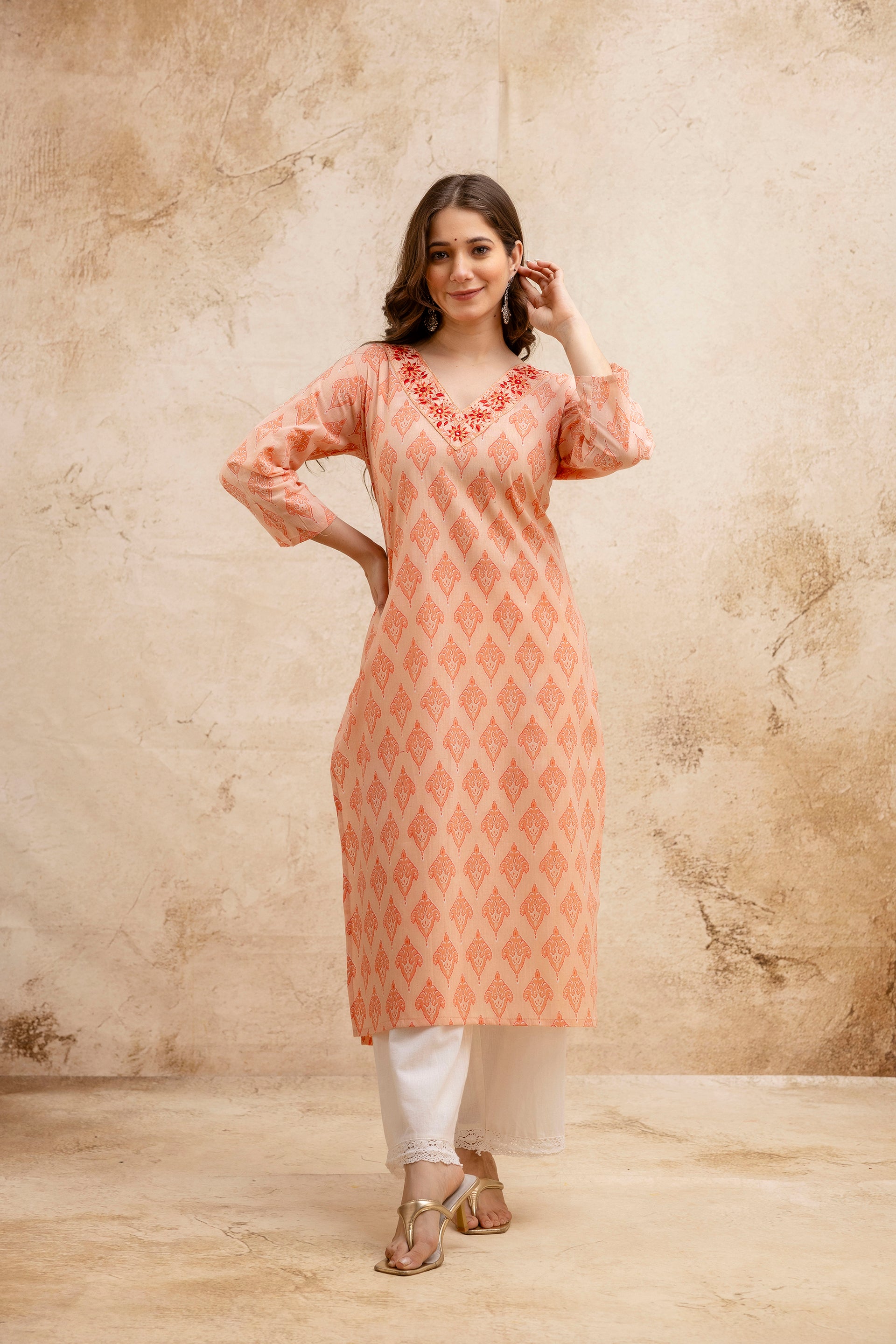 Peach Printed Embroidered Pure Cotton Straight Kurta