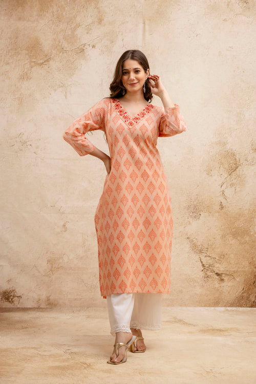 Peach Printed Embroidered Pure Cotton Straight Kurta