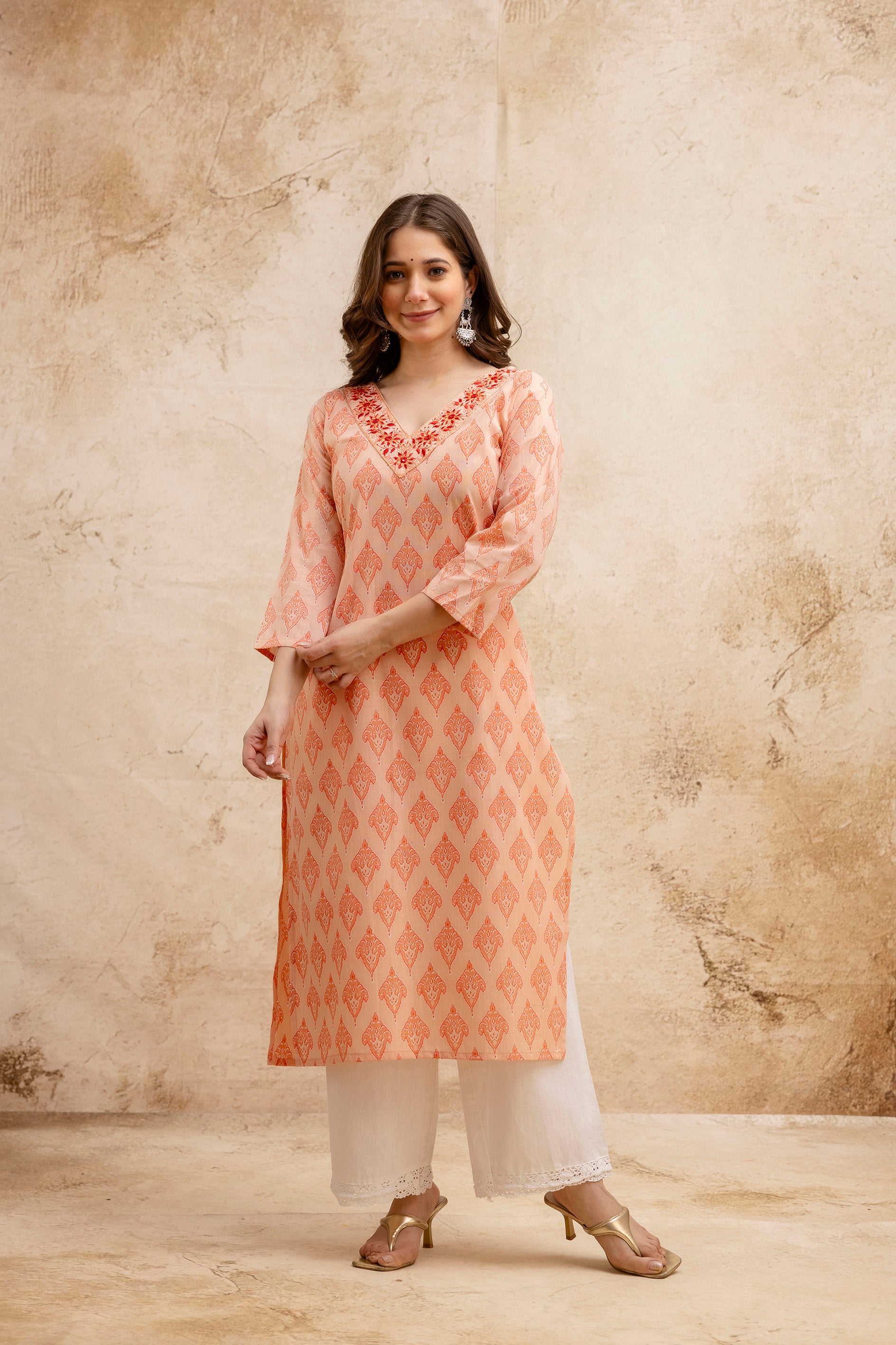 Peach Printed Embroidered Pure Cotton Straight Kurta