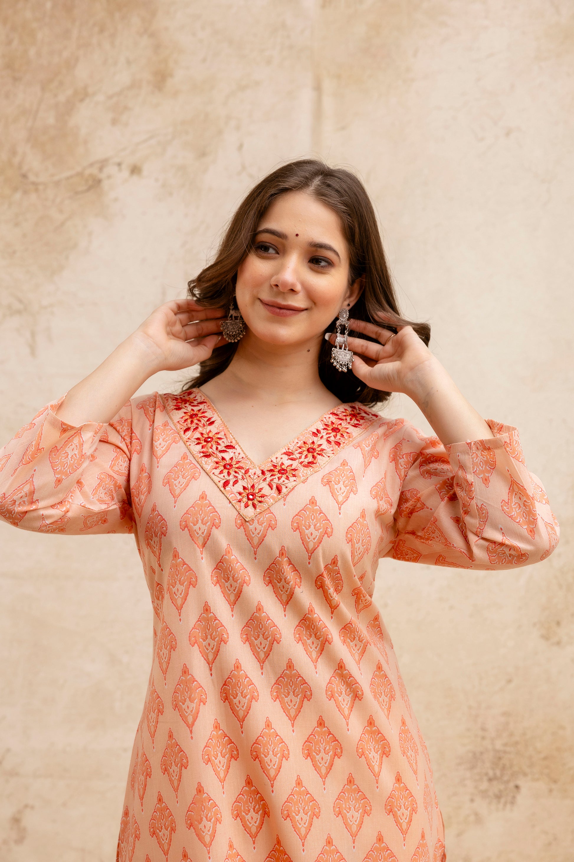 Peach Printed Embroidered Pure Cotton Straight Kurta