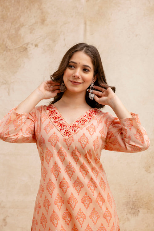 Peach Printed Embroidered Pure Cotton Straight Kurta