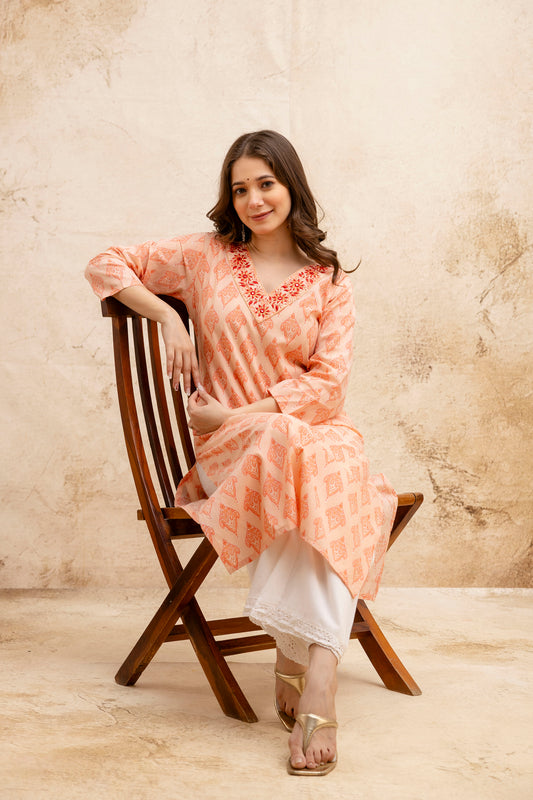 Peach Printed Embroidered Pure Cotton Straight Kurta