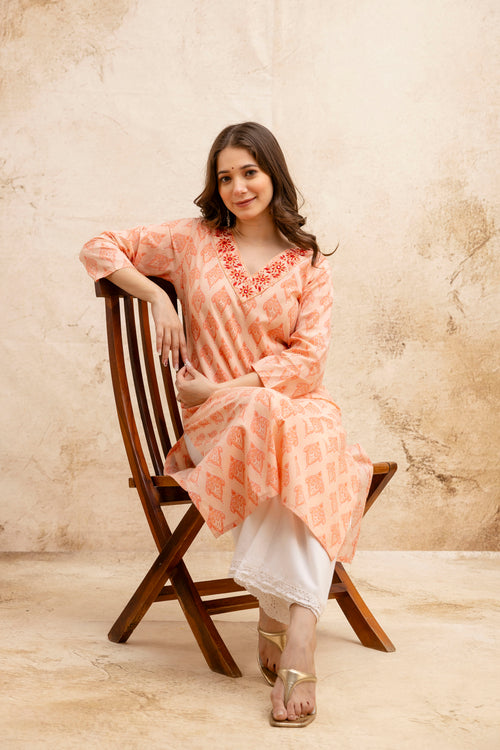 Peach Printed Embroidered Pure Cotton Straight Kurta