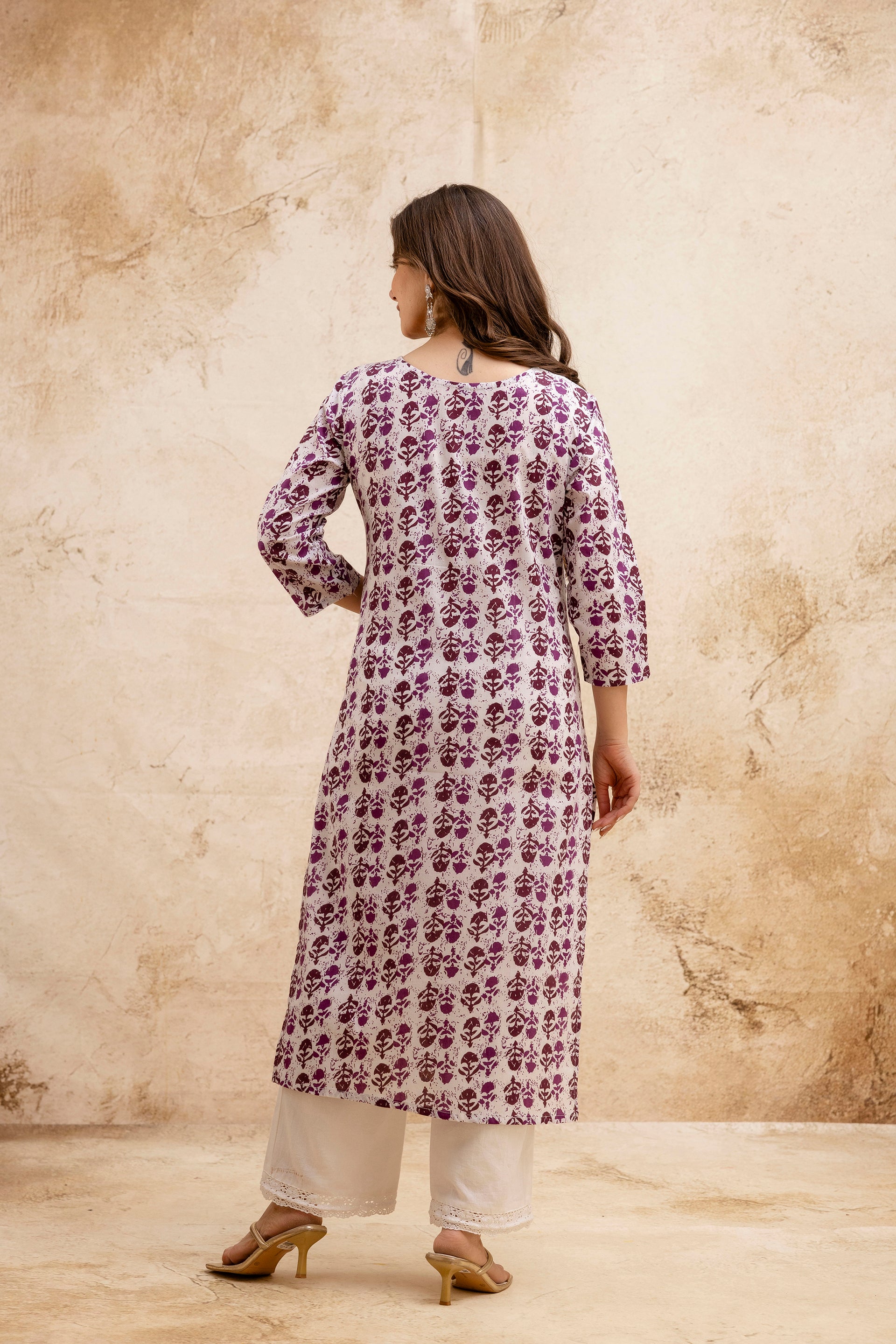 Lavendar Printed Embroidered Cotton Straight Kurta.