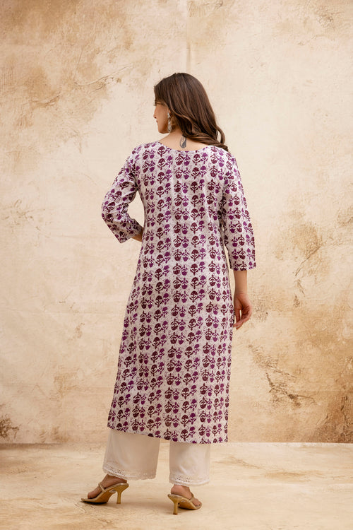 Lavendar Printed Embroidered Cotton Straight Kurta.
