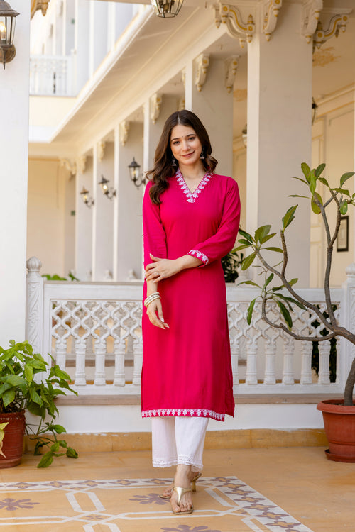 Pink Printed Embroidered Pure Cotton Straight Kurta.