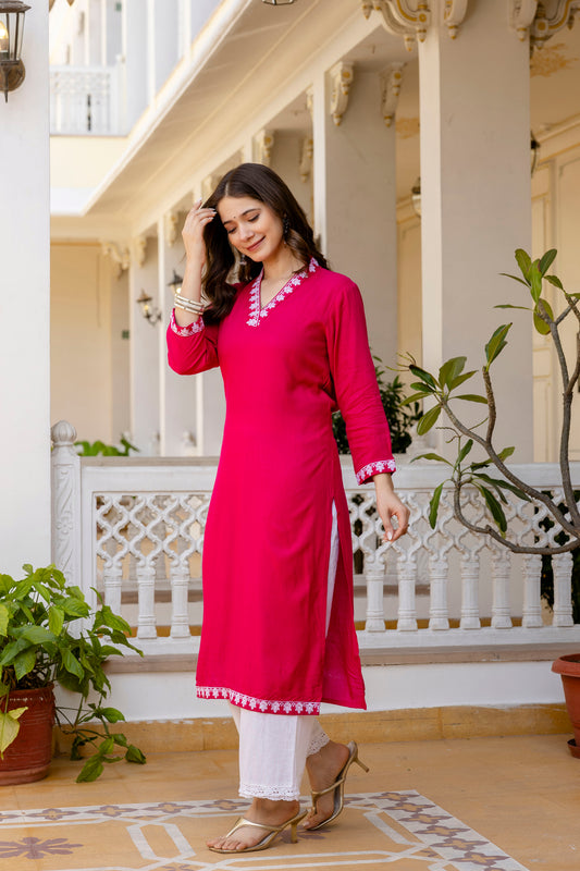 Pink Printed Embroidered Pure Cotton Straight Kurta.