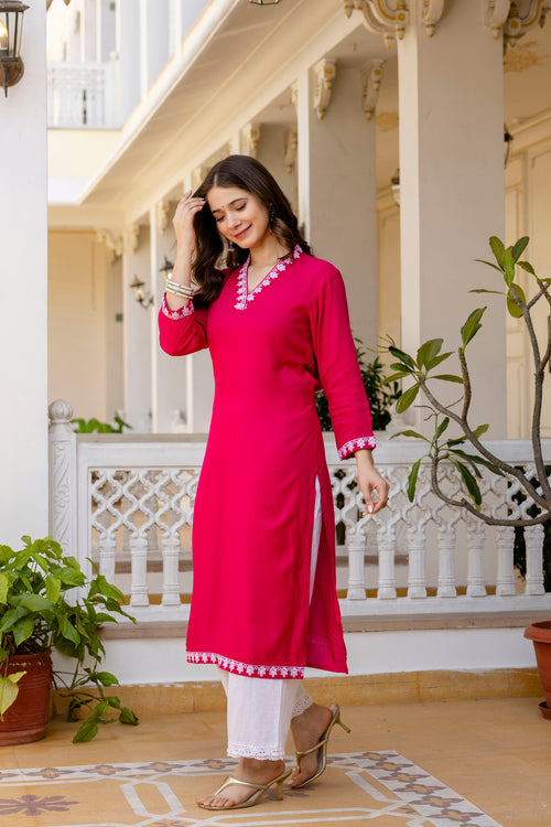 Pink Printed Embroidered Pure Cotton Straight Kurta.
