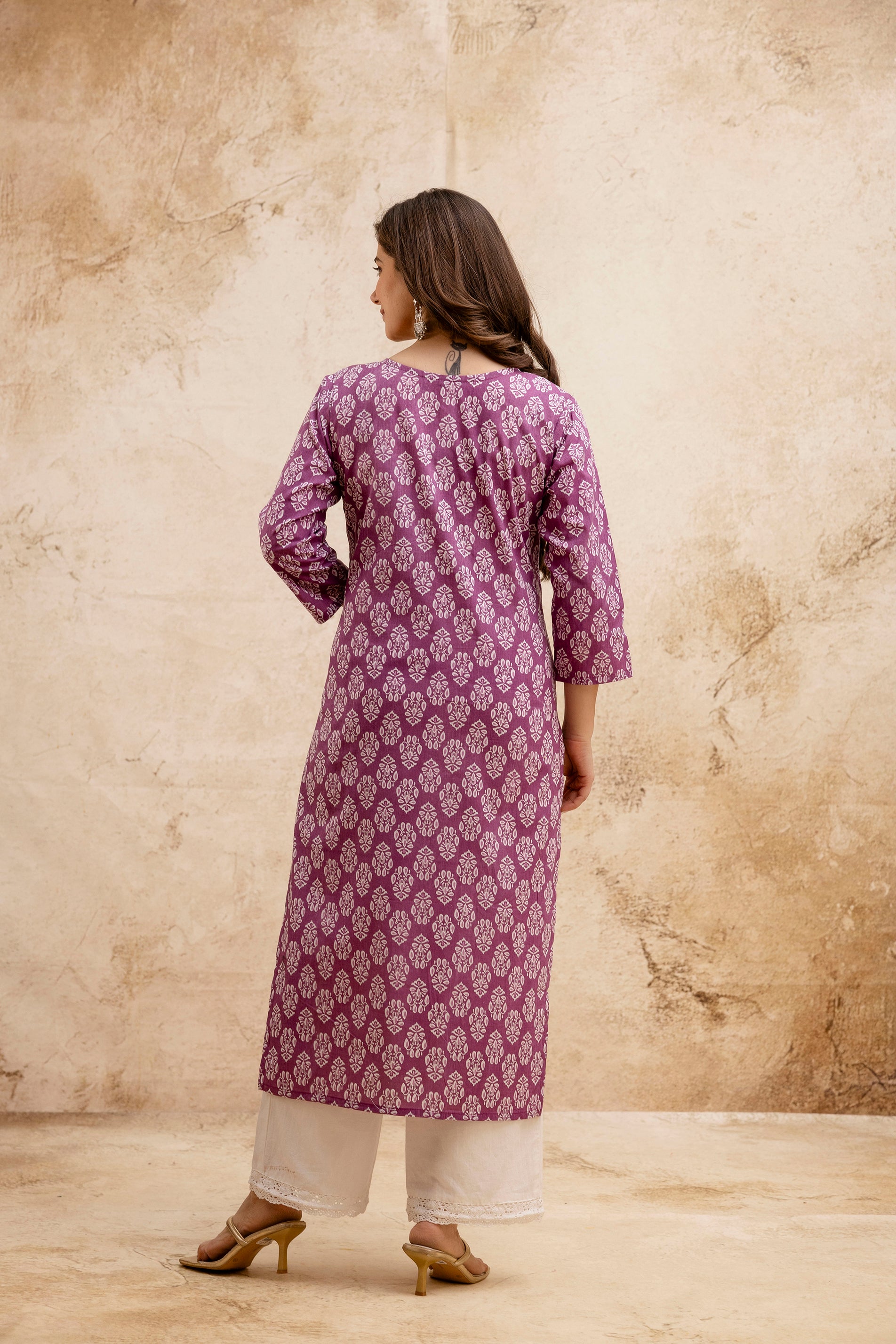 Lavendar Block Print Embroidered Cotton Straight Kurta.