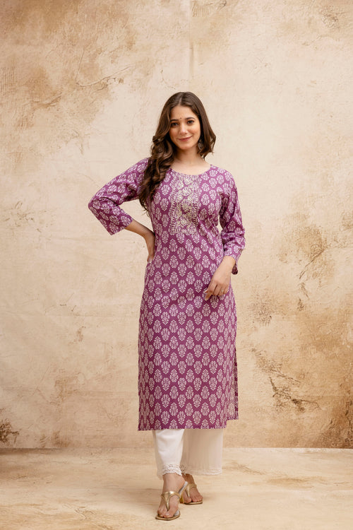 Lavendar Block Print Embroidered Cotton Straight Kurta.