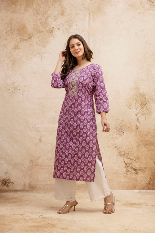 Lavendar Block Print Embroidered Cotton Straight Kurta.