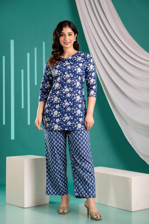 Floral Jaal Blue Print Cotton Co-ord set.