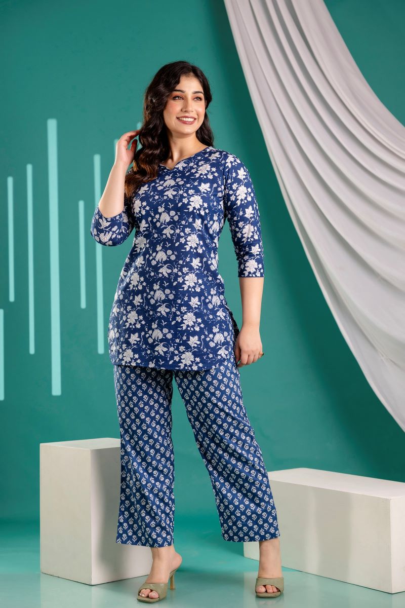 Floral Jaal Blue Print Cotton Co-ord set.