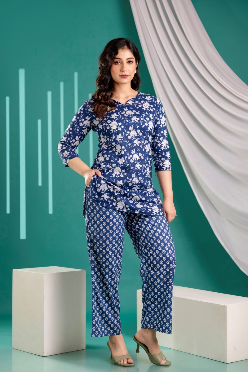 Floral Jaal Blue Print Cotton Co-ord set.