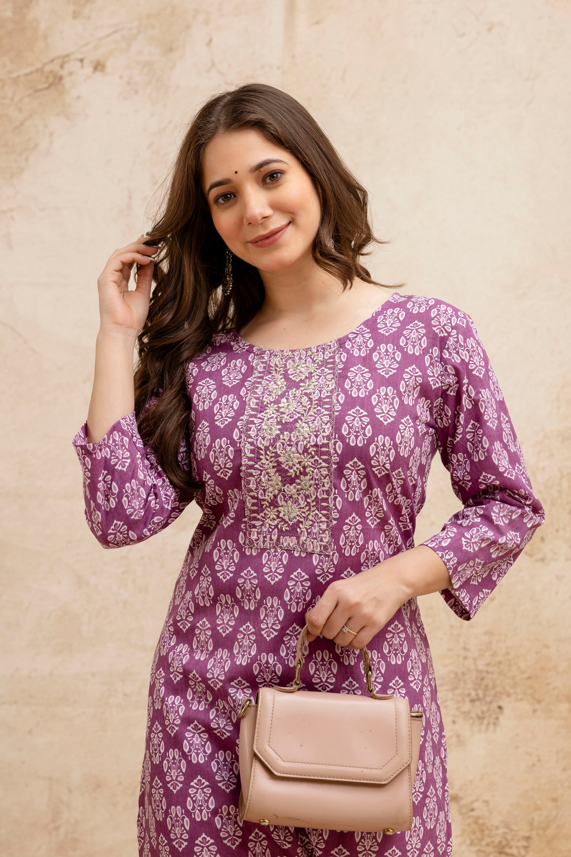 Lavendar Block Print Embroidered Cotton Straight Kurta.