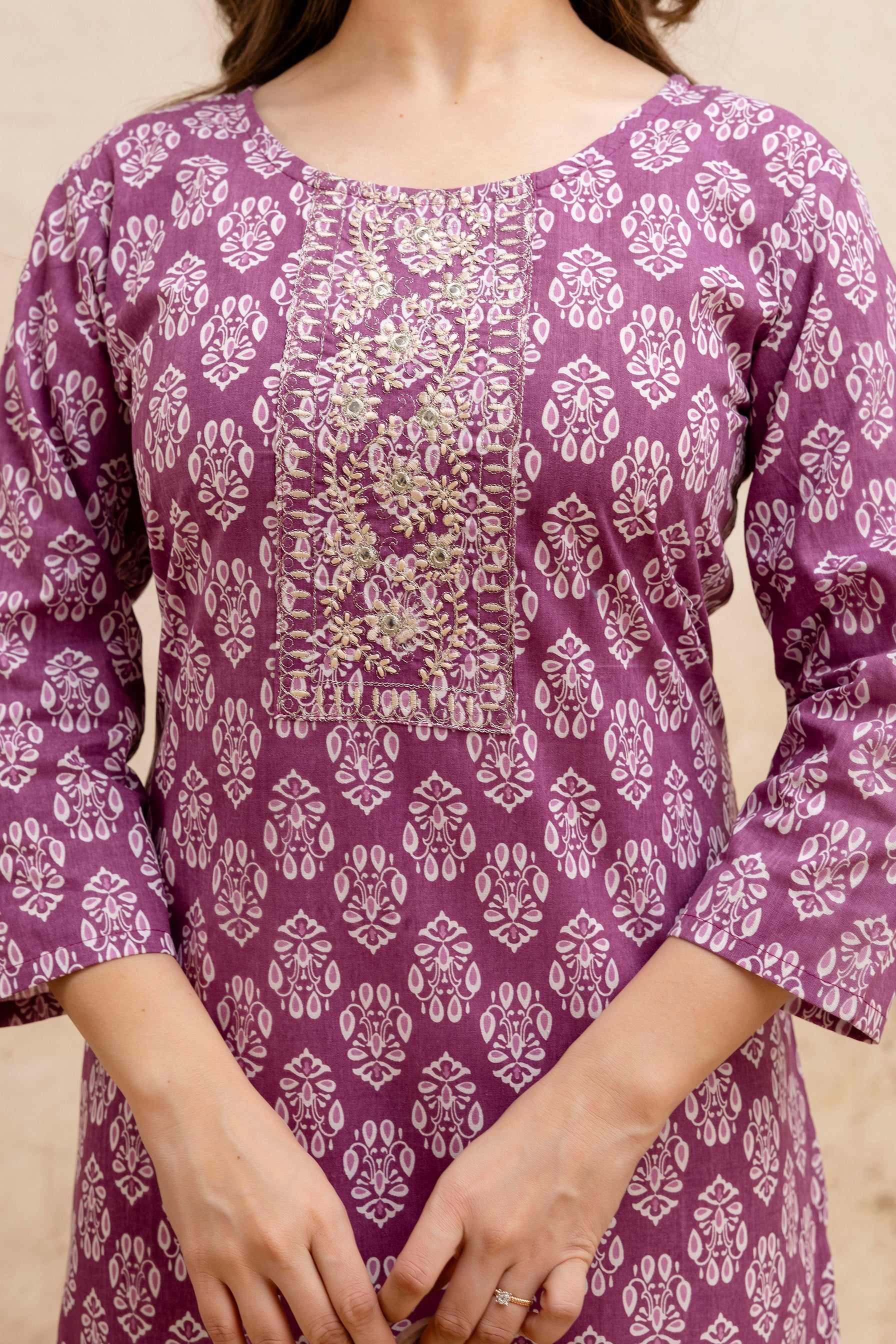 Lavendar Block Print Embroidered Cotton Straight Kurta.