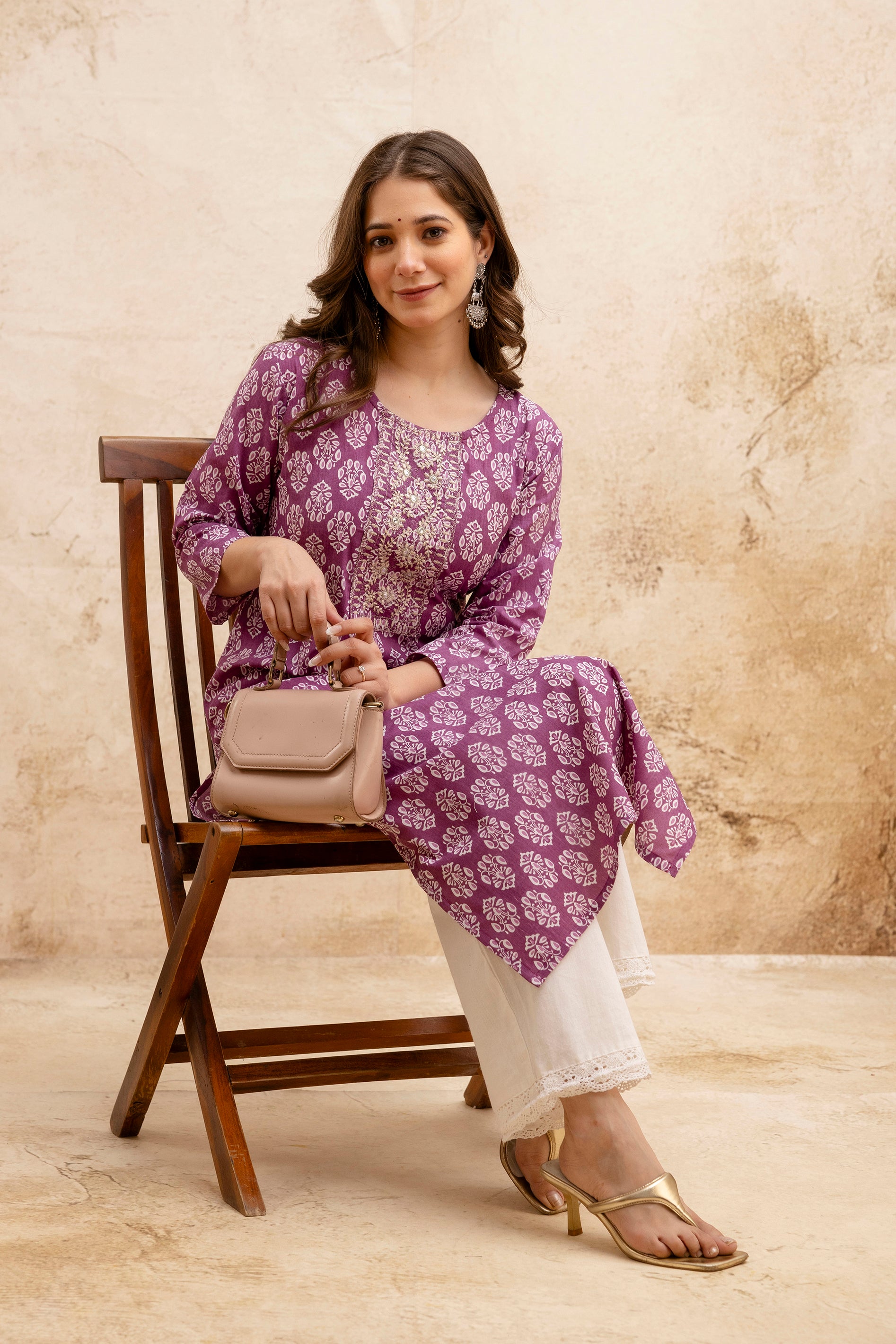 Lavendar Block Print Embroidered Cotton Straight Kurta.