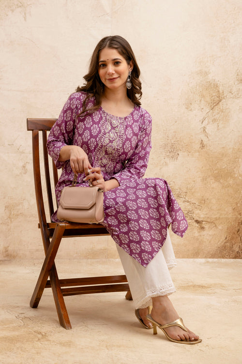 Lavendar Block Print Embroidered Cotton Straight Kurta.