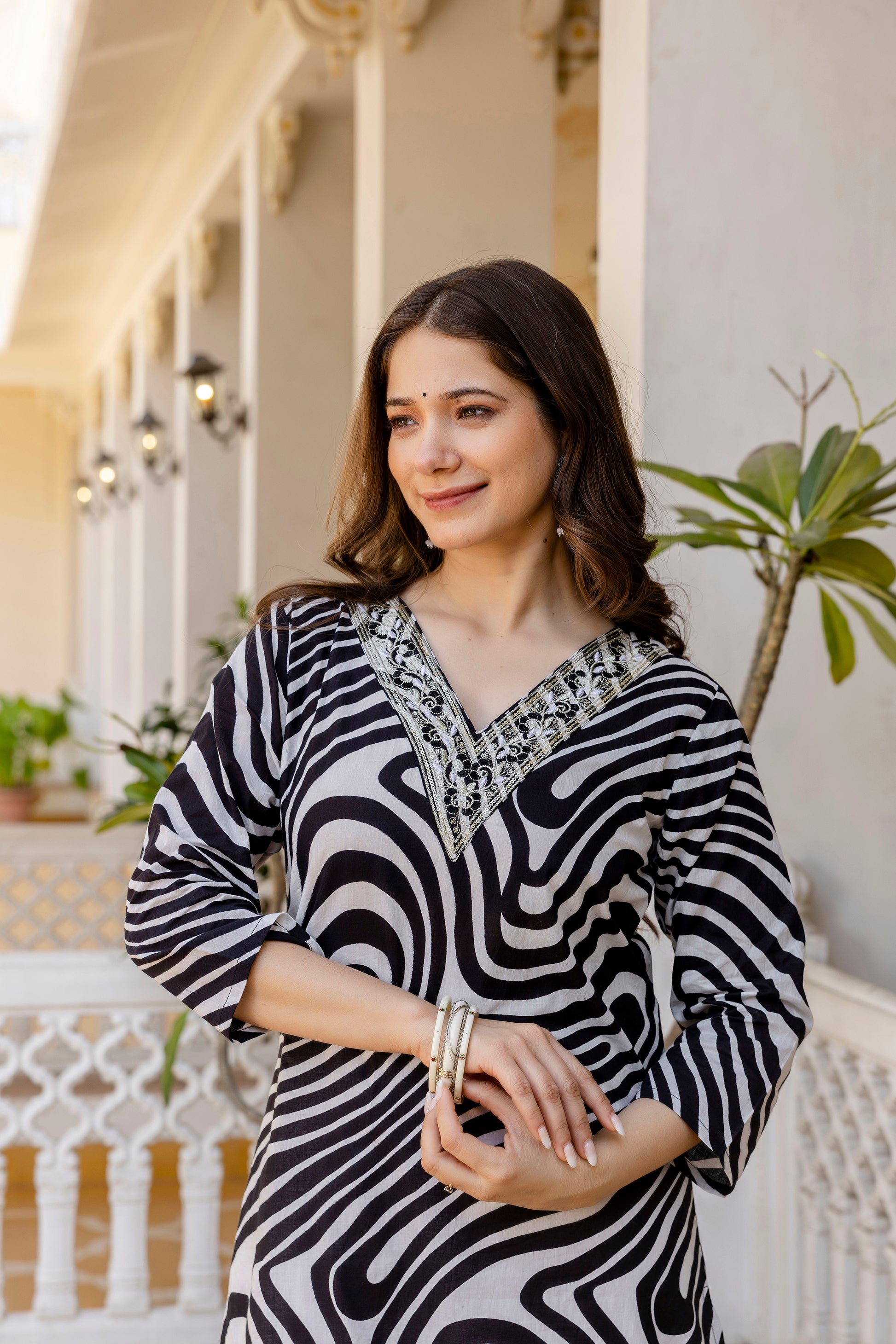 Black Printed Embroidered Pure Cotton Straight Kurta.
