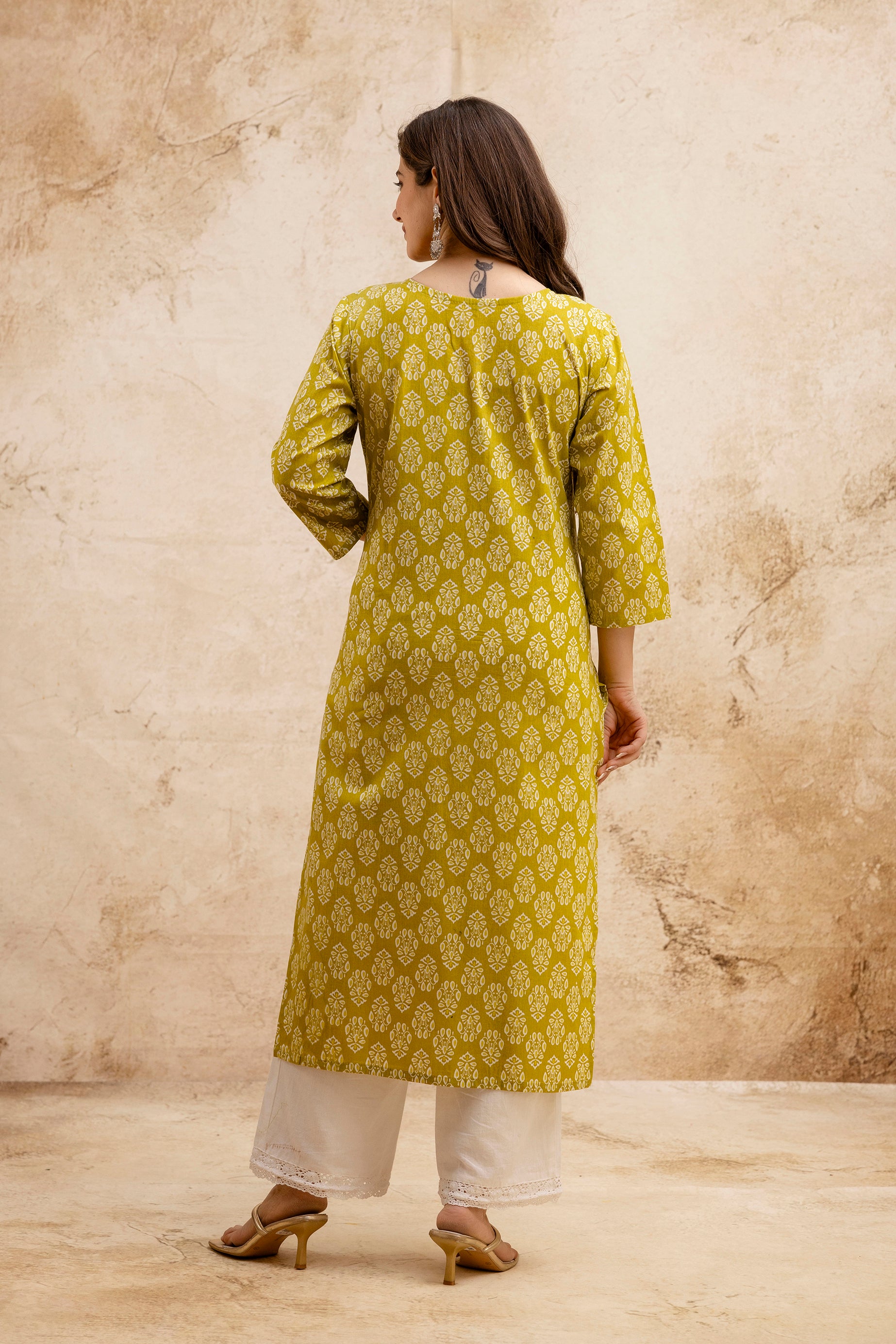 Lemon Green Block Print Embroidered Cotton Straight Kurta.