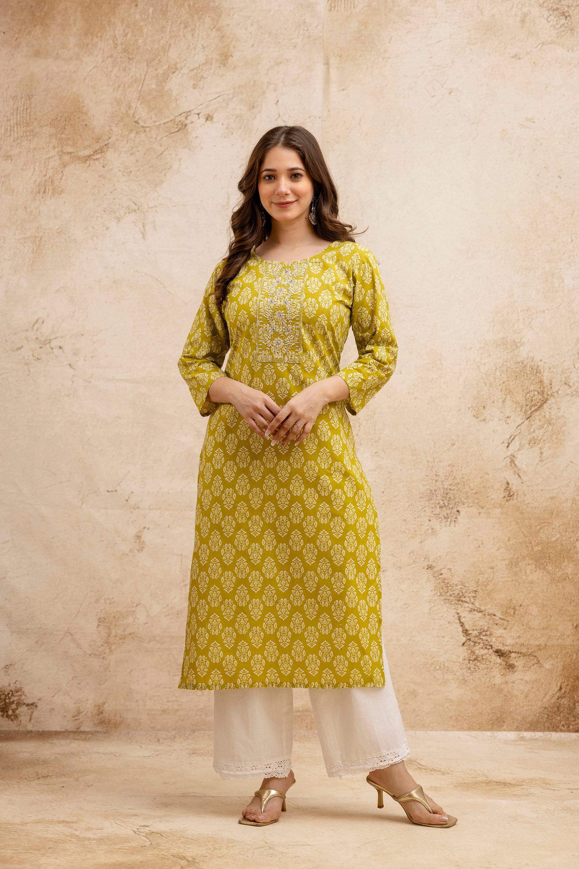 Lemon Green Block Print Embroidered Cotton Straight Kurta.