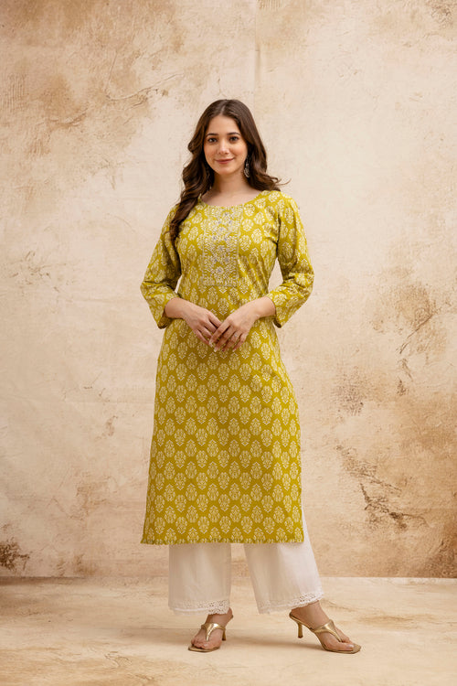 Lemon Green Block Print Embroidered Cotton Straight Kurta.