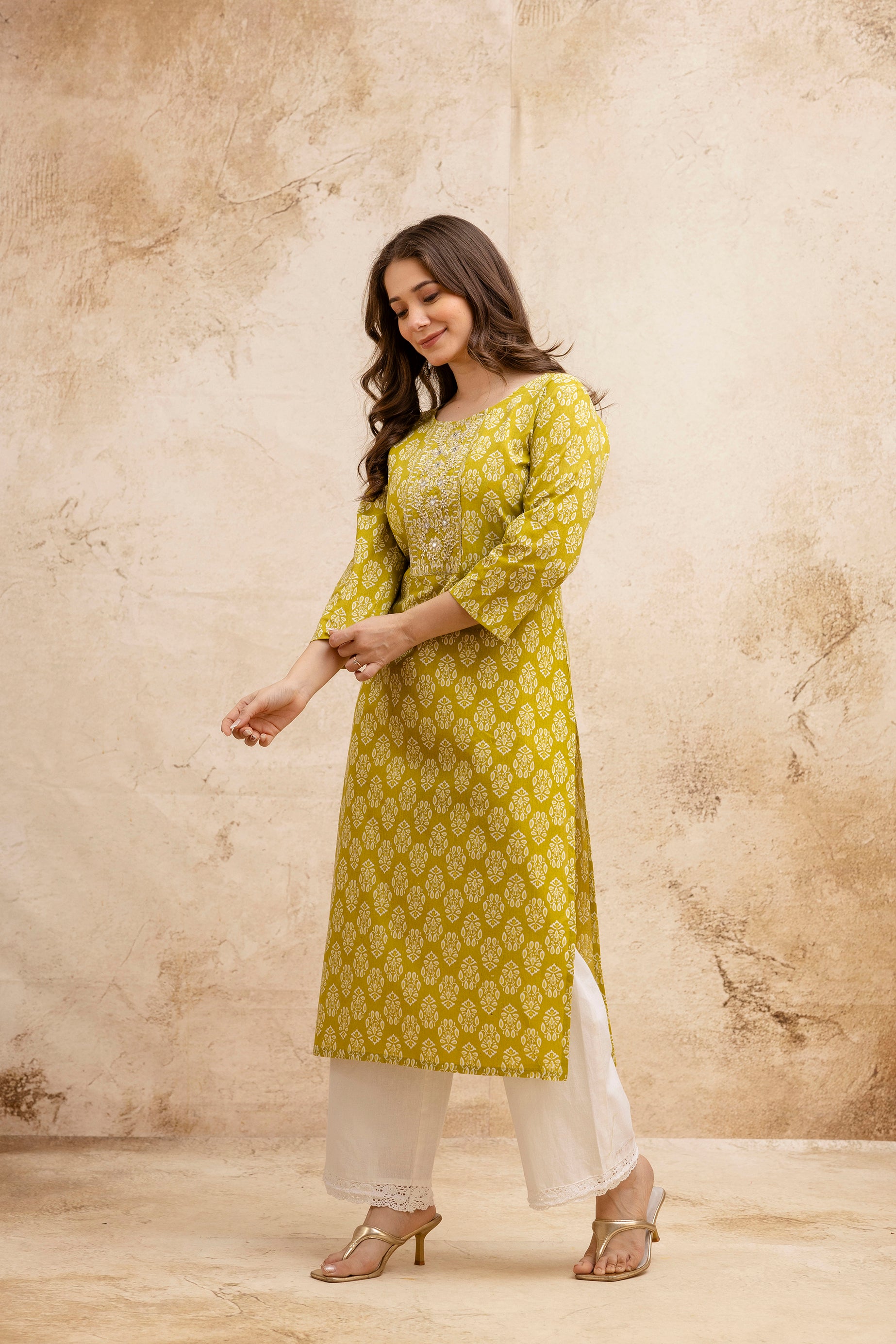 Lemon Green Block Print Embroidered Cotton Straight Kurta.