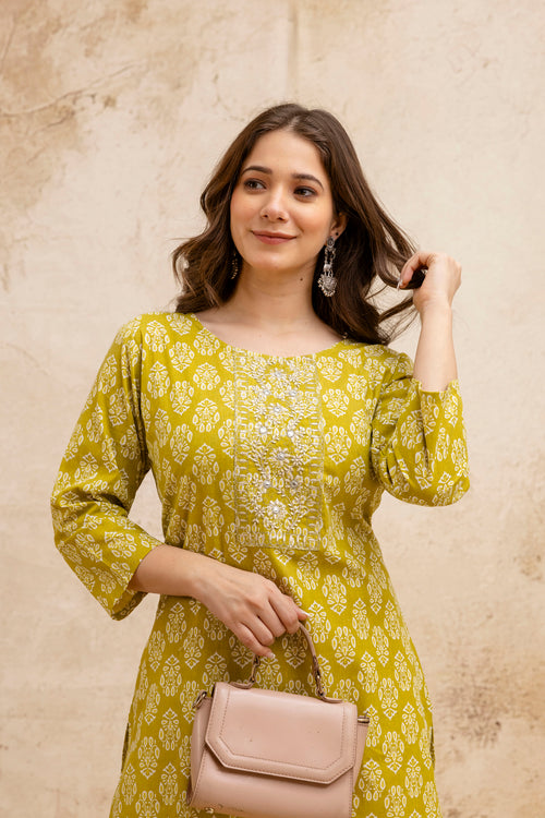 Lemon Green Block Print Embroidered Cotton Straight Kurta.