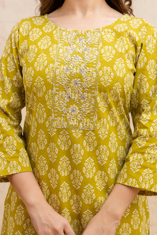 Lemon Green Block Print Embroidered Cotton Straight Kurta.