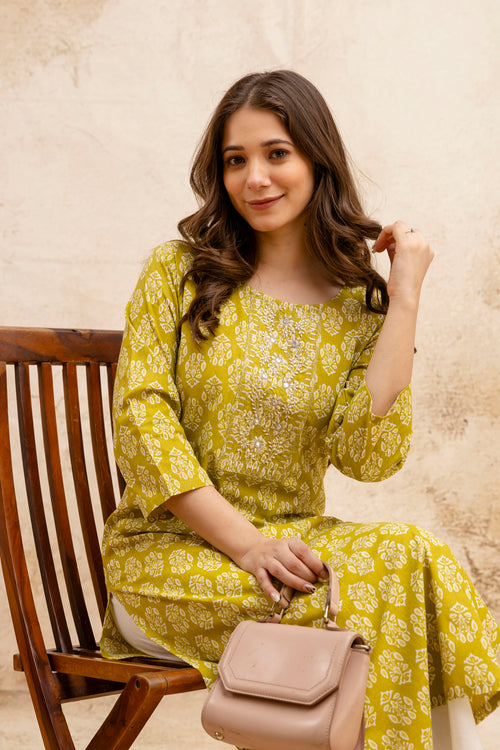 Lemon Green Block Print Embroidered Cotton Straight Kurta.