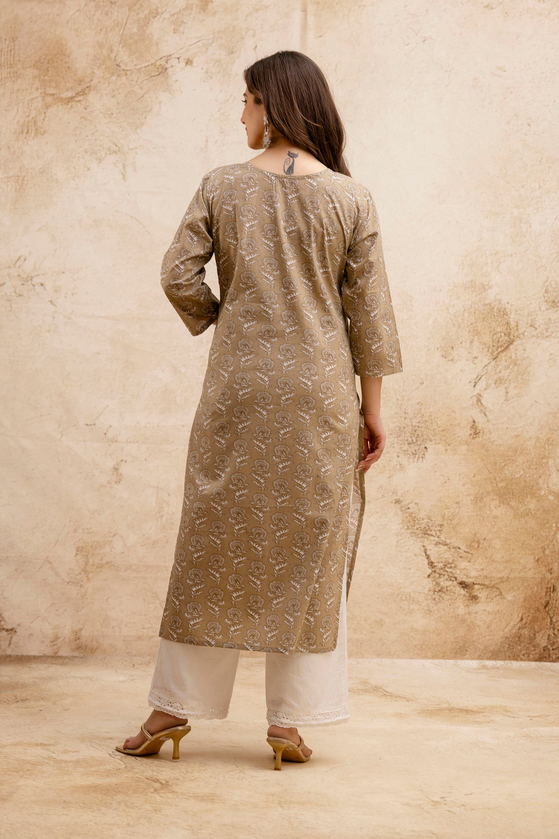 Beige Printed Embroidered Cotton Straight Kurta.