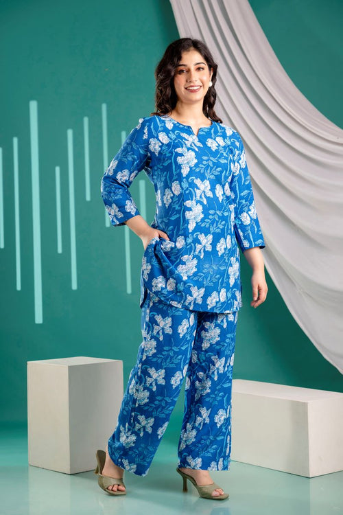 Big Floral Blue Print Cotton Co-ord set.