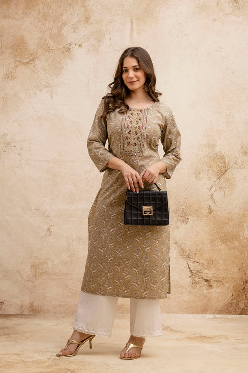 Beige Printed Embroidered Cotton Straight Kurta.