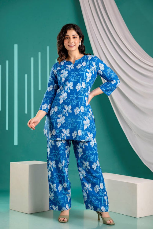 Big Floral Blue Print Cotton Co-ord set.